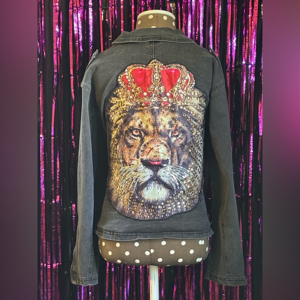 Black Moto Jacket w/ Sequined Lion - Picture 1 of 4